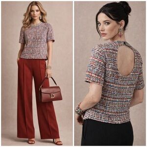 NWT Akris Punto Short-Sleeve Cutout Multicolor Cotton Tweed Top $695